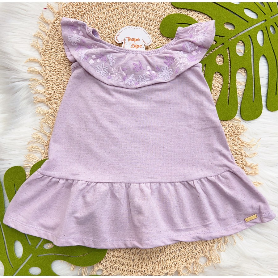 Vestido Ombro-a-Ombro com Detalhes em Flores - Lilás